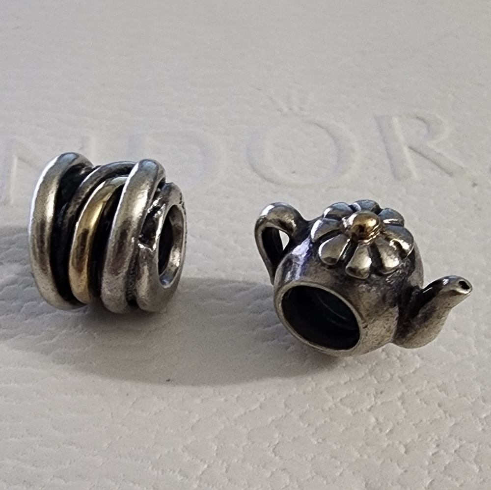 Authentic Pandora Teapot and Twisted Rope Charm 14k and sterling silver Retired